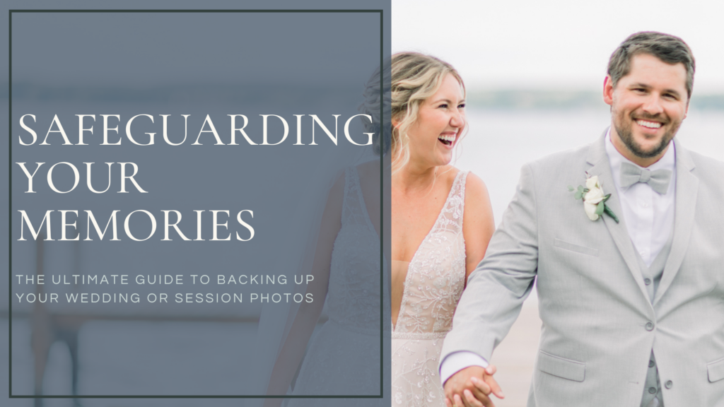 bride and groom walking and laughing together with a blue block over the top featuring the title "Safeguarding your memories: the ultimate guide to backing up your wedding photos"