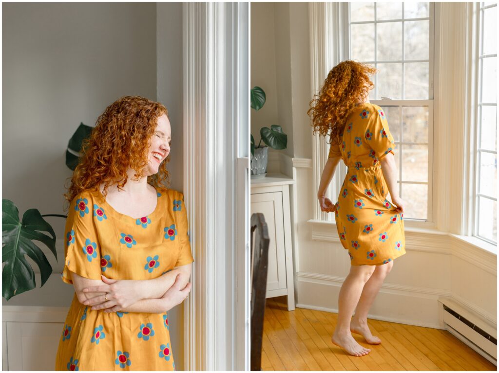 Image from branding photoshoot for Bethany Collins Consulting shows a girl with red curly hair laughing (left) and dancing (right).