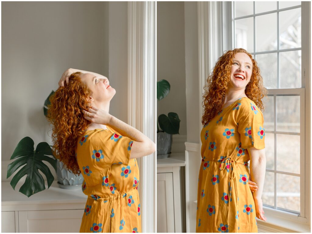 Girl with red curly hair laughing (right) and playing with her hair (left).