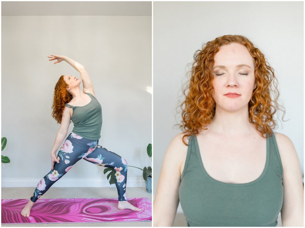 Girl with red curly hair doing a warrior pose on a yoga mat (left) and breathing with her eyes closed (right).
