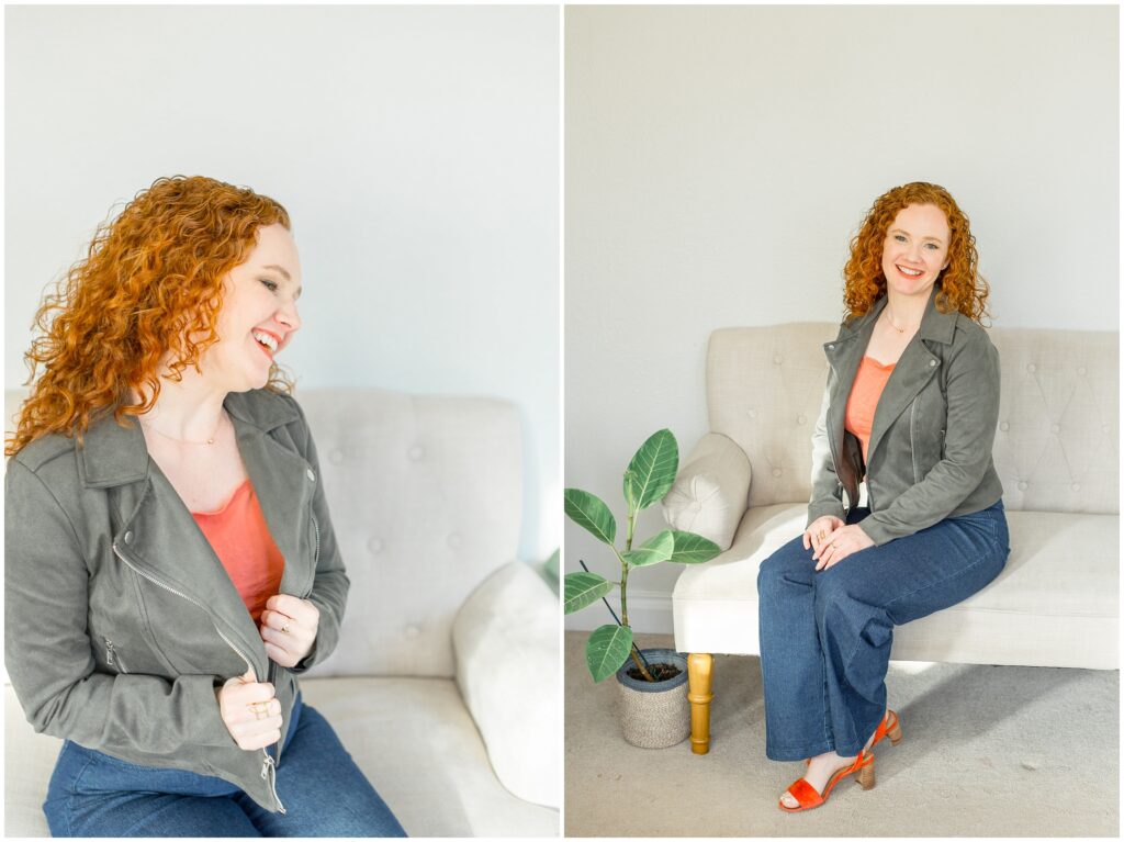 Image from branding photoshoot for Bethany Collins Consulting shows a girl with red curly hair smiling at the camera (right) and laughing to the right (left).