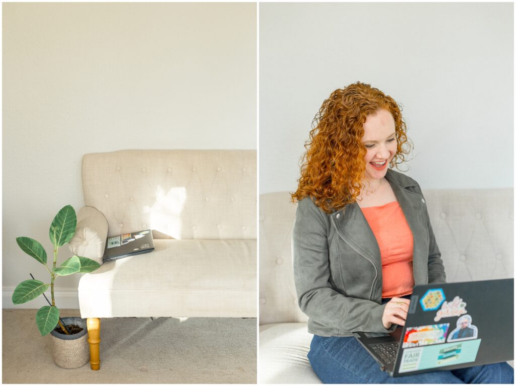 Girl with red curly hair smiling at a computer (right) and a white couch with a computer on it (left).