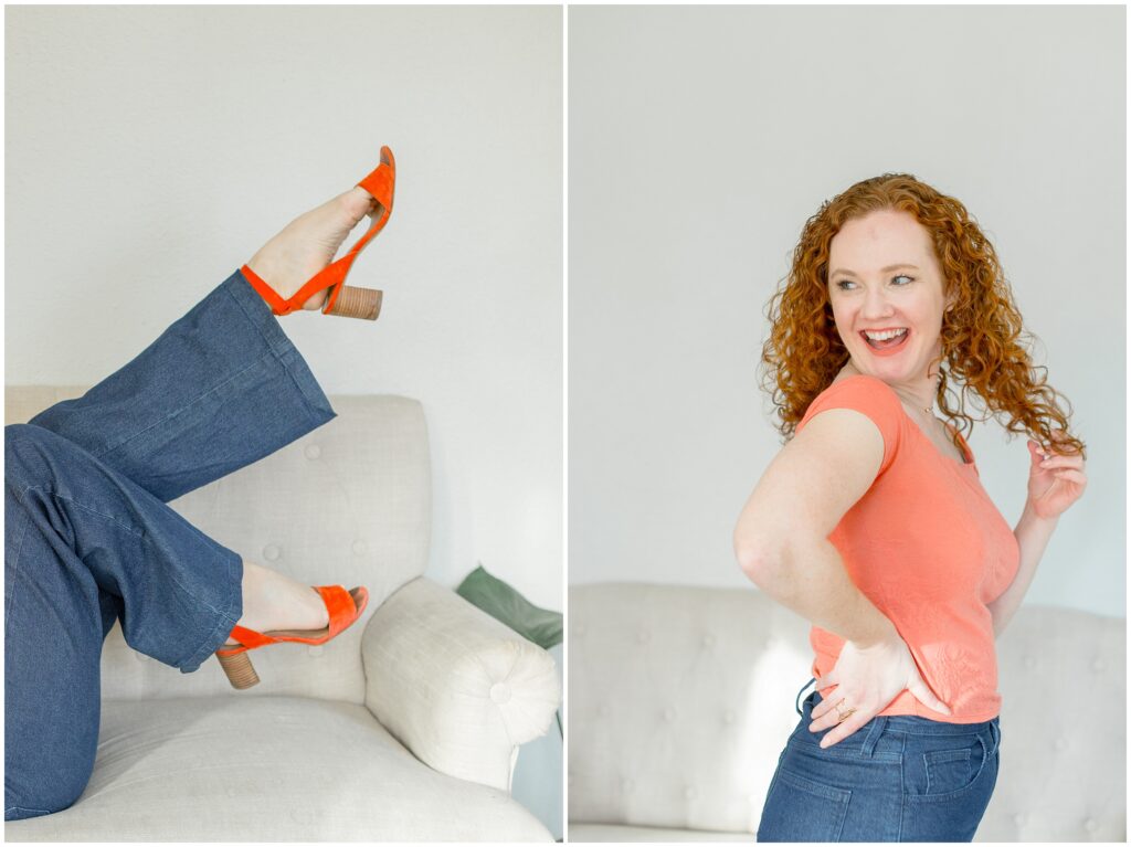 Image from branding photoshoot for Bethany Collins Consulting shows a girl with red curly hair laughing towards the left (right), and kicking her feet (left).