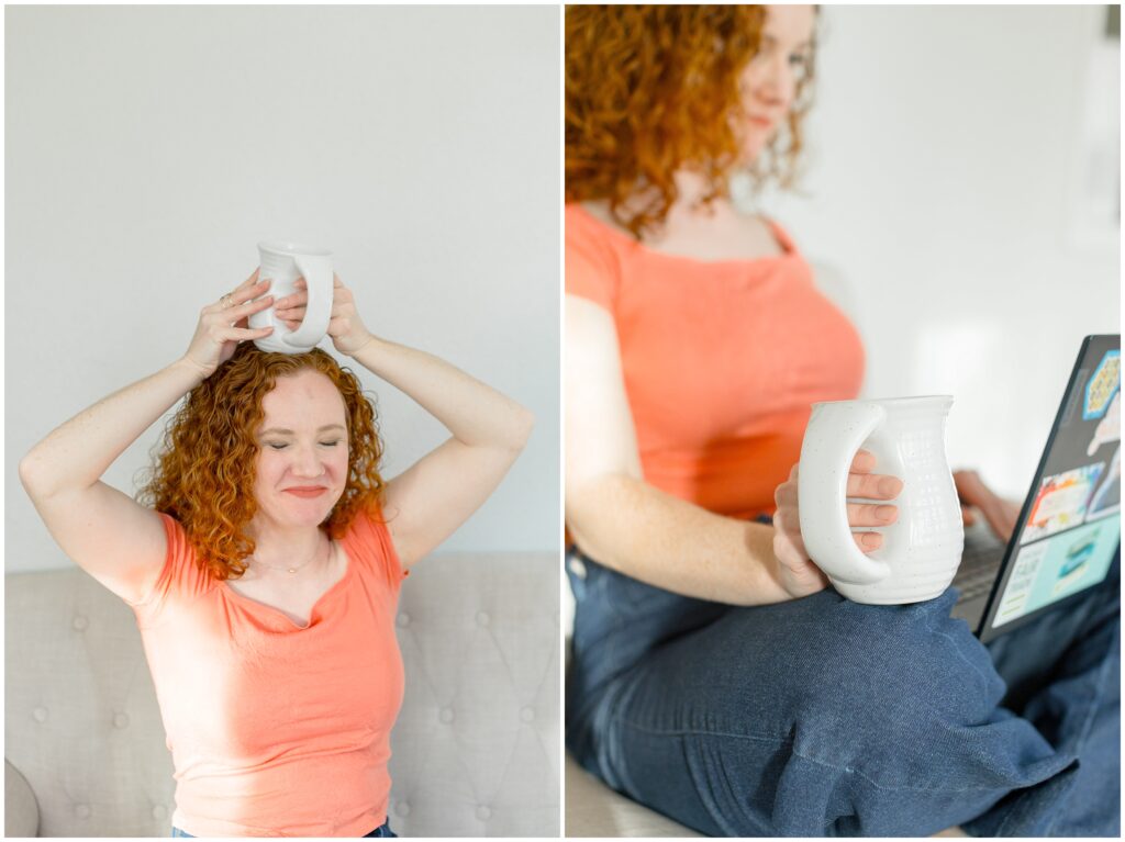 Image from branding photoshoot for Bethany Collins Consulting shows a girl with red curly hair being goofy with a coffee cup.