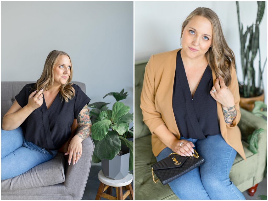 Image from Amanda Steinhauer Photography's Wisconsin personal branding session. Two headshots side by side - blue eyed woman softly smiling.