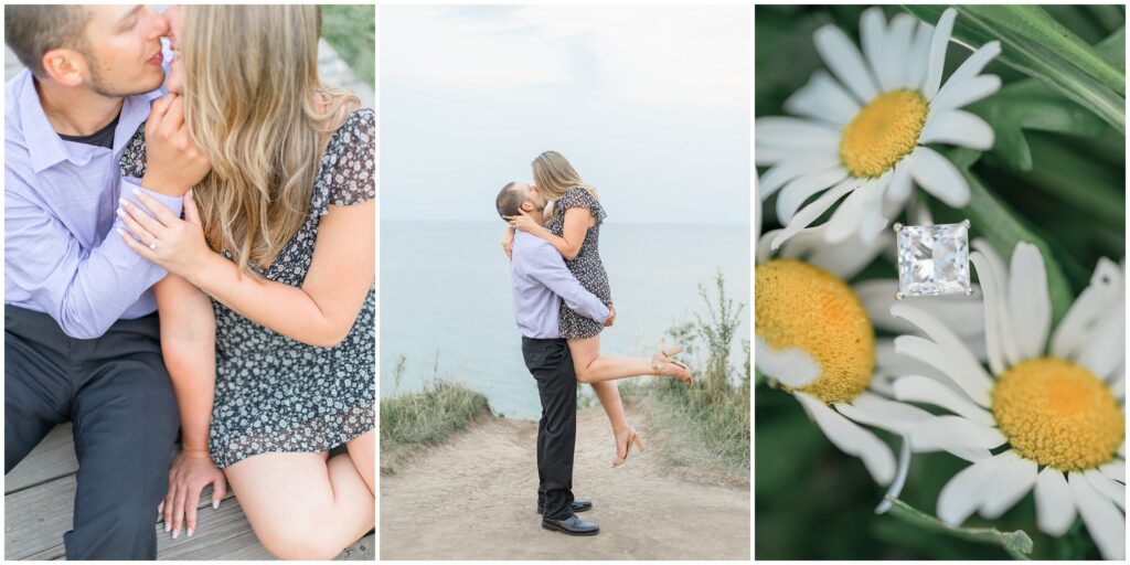  Cover image for Lion's Den Gorge Engagement Session. From left to right: couple sitting on a boardwalk almost kissing (focused on ring), groom lifting and kissing bride, close up on engagement ring.