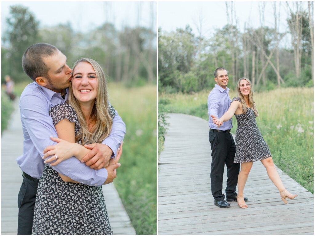 Couple laughing together and hugging (left). Couple holding hands and dancing for their lion's den gorge engagement session. (right)