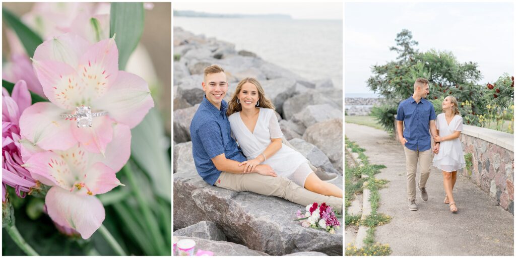 Header image for bender park engagement session - includes 3 photos. From left to right: ring on flower, couple smiling at the camera while sitting on rocks with the lake in the background, couple strolling down a concrete path holding hands