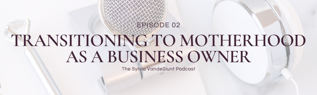 Header image for blog. Says "Episode 02: Transitioning to Motherhood as a Business Owner - The Sylvia VandeSlunt Podcast"